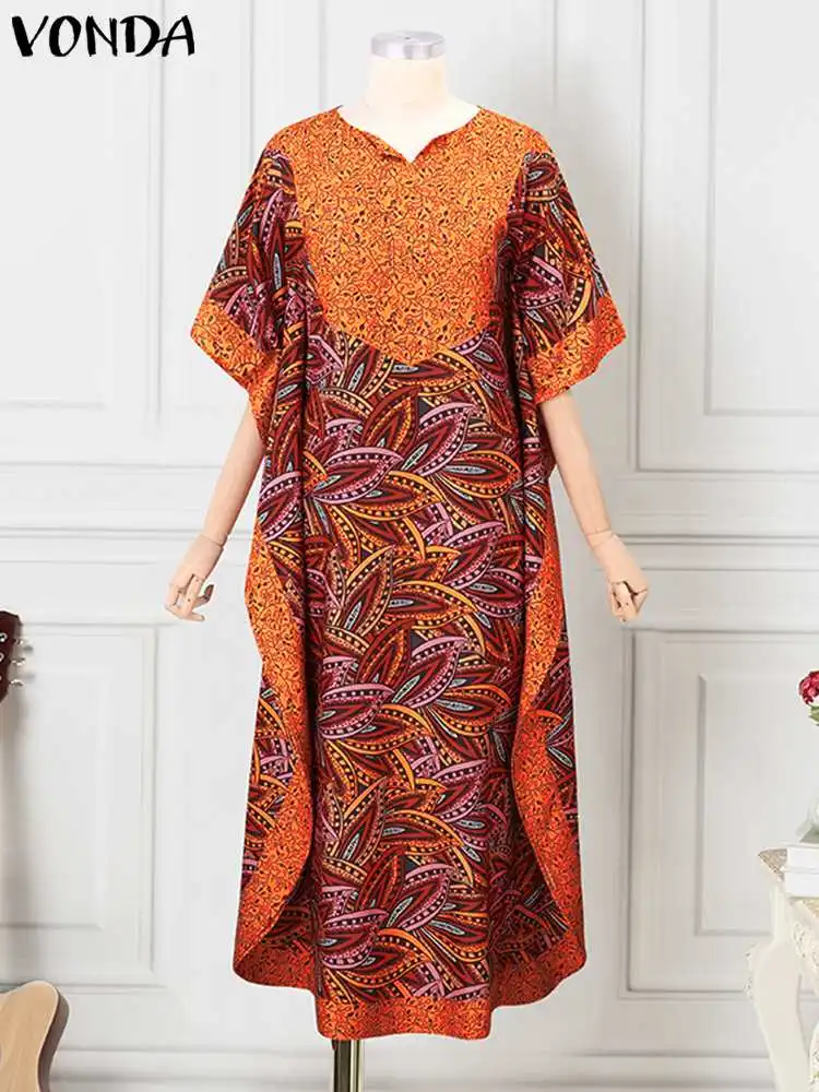Vonda-vestido de verão longo boêmio estampado feminino, meia manga, casual, vestido maxi solto, kaftan extragrande, feriado, plus size, 5XL