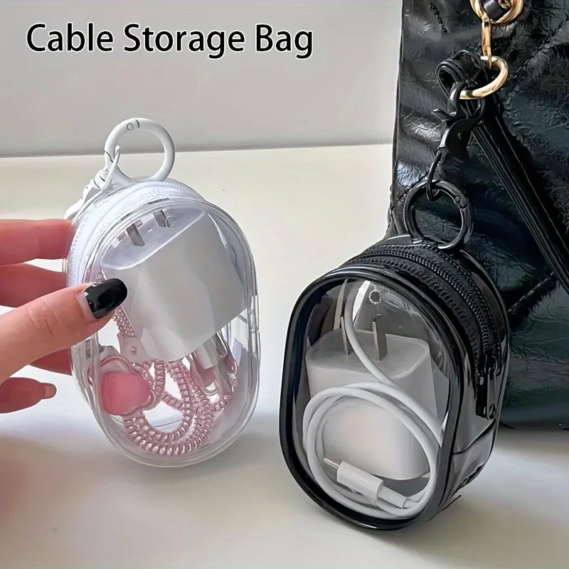 Mini auriculares multifunción portátil y bolsa de almacenamiento de cargador, cremallera transparente, ahorro de espacio, anillo de llavero conveniente