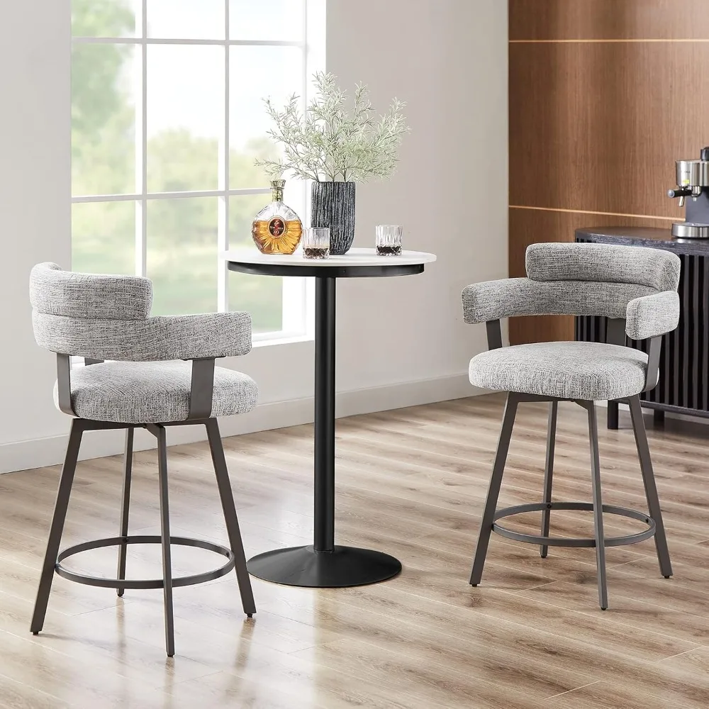 Counter Height Bar Stools Full Back – Swivel Counter Stools Set of 2 Linen Padded Back, Metal Footrest, Barstools, Grey 24 inch