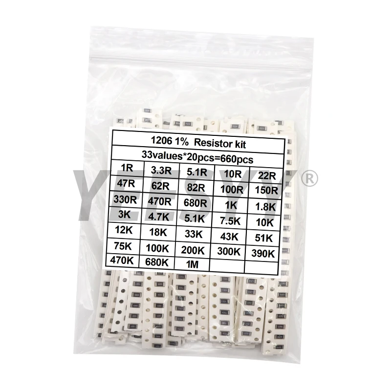660 Uds 0603 0805 1206 0402 0201 1% Kit surtido de resistencias de Chip SMD 1R - 1M ohm 33valuesX20pcs juego de muestras de resistencia