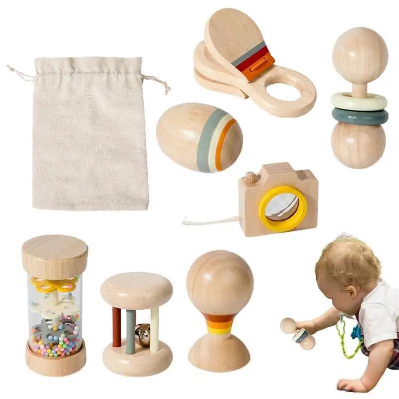 男の子用ベル付き木製ガラガラおもちゃ、教育用多機能ローリングティーザー、子供用カラフルおもちゃ、7倍