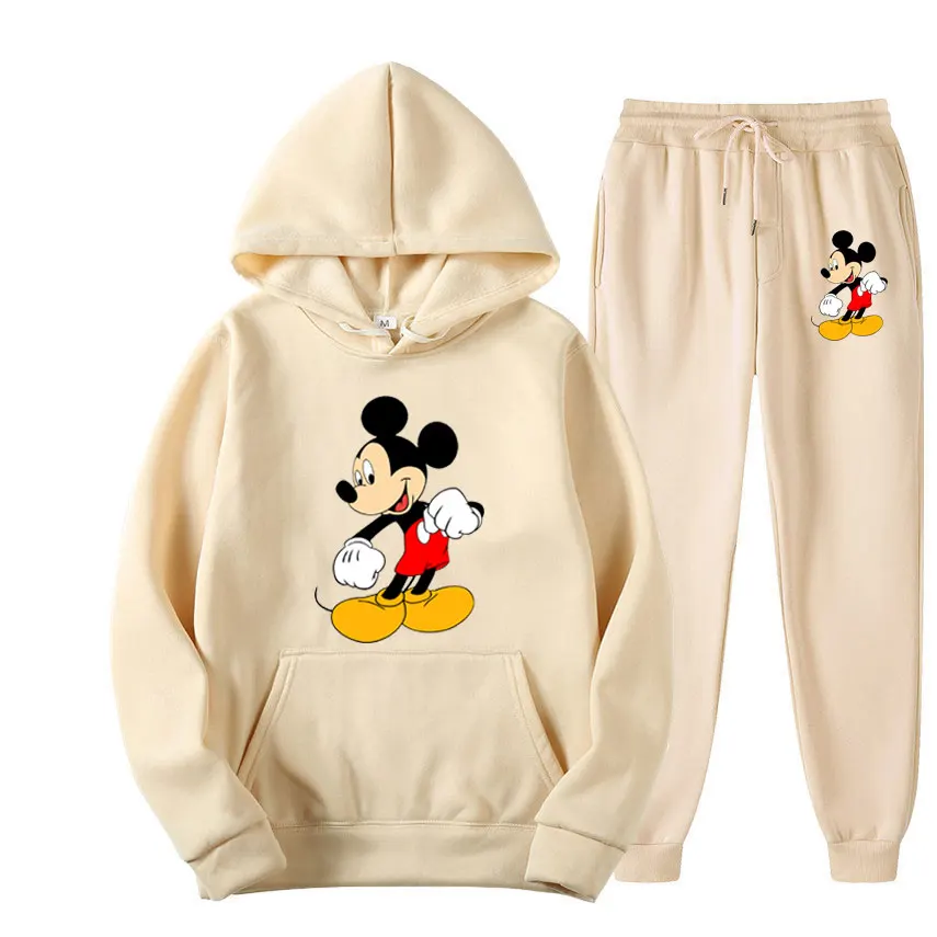 Mickey mouse dos desenhos animados anime feminino moletom moletom conjunto nova moda masculina pulôver calças terno outono casal moletom com capuz conjuntos de calças