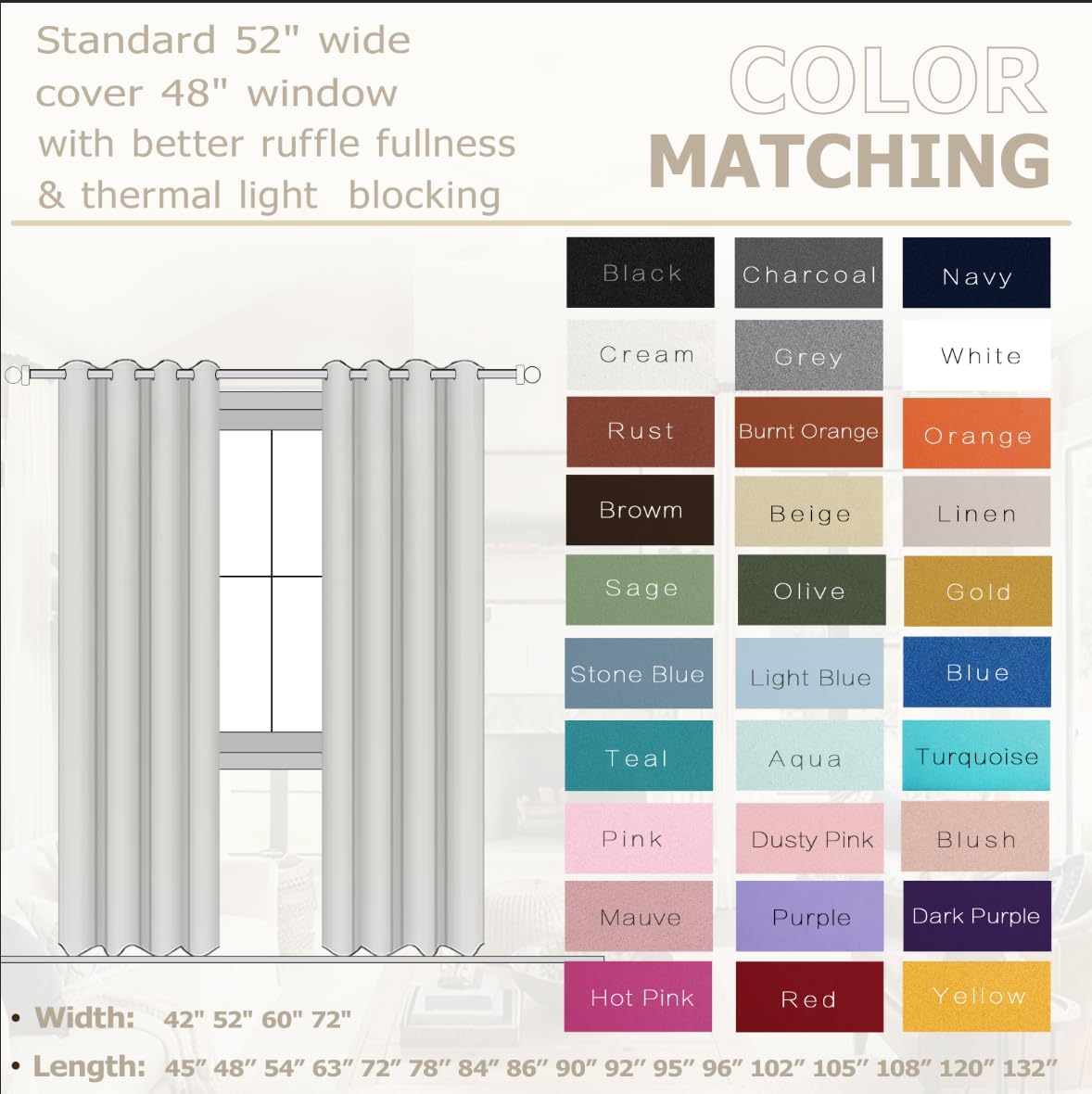 - 2 cortinas opacas crema, blanco roto, beis, de invierno, térmicas, aislantes, 80% opacidad, 132 x 229 cm de largo, para venta