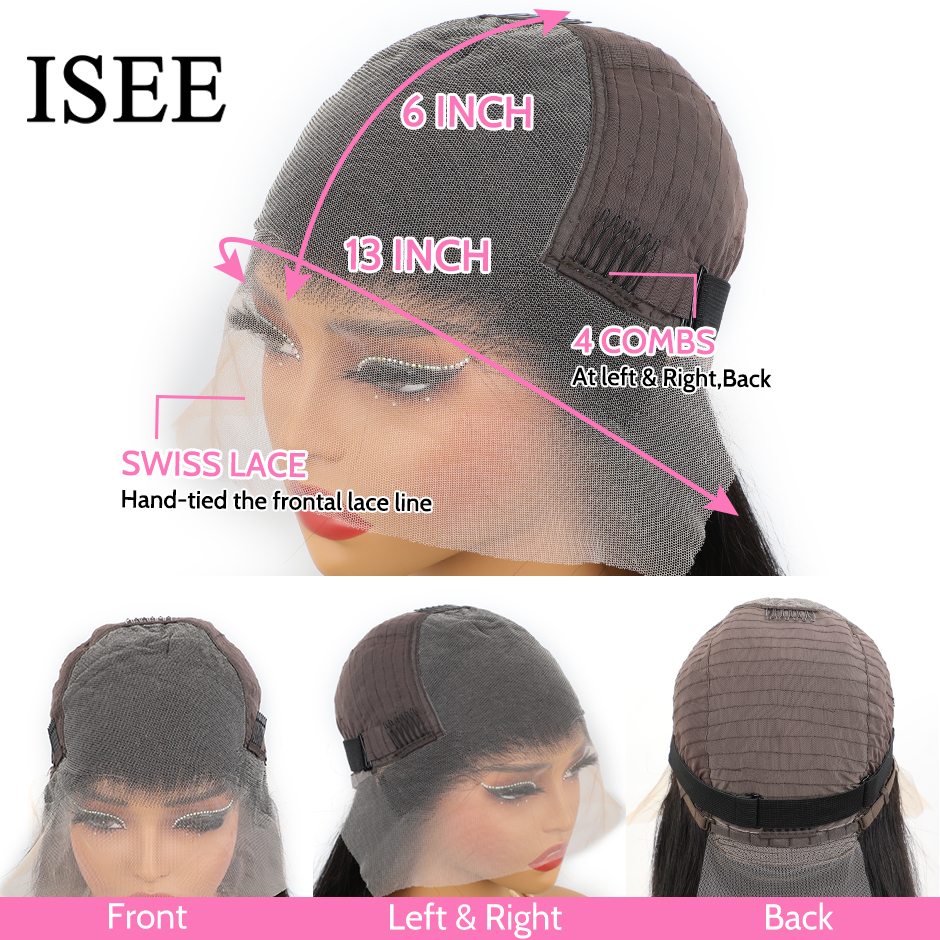 ISEE 헤어 13x6 HD 레이스 프론트 가발, 인모 스트레이트 풀 레이스 프론트 가발, 여성용 미리 뽑은 투명 레이스 가발, 판매 중