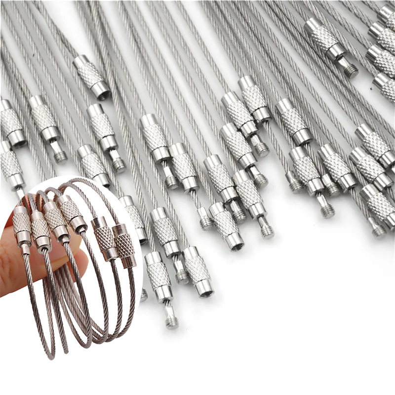 10pcs Keychain Rope Stainless Steel Wire Cable Loop Screw Lock Gadget Ring Keyring Circle Camp Hanging Outdoor Tool Accessories
