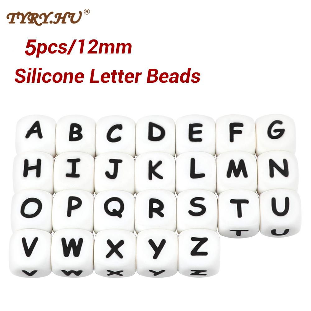 TYRY.HU, 5 unidades, 12mm, cuentas de silicona con letras, cubo, alfabeto personalizado con cualquier nombre, cadenas para chupete DIY, cuentas del alfabeto para masticar