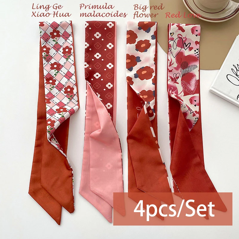 4 pçs/set série lenço de cetim de seda feminino pano faixas de cabelo acessórios senhora cachecóis fita pescoço laços para saco alça