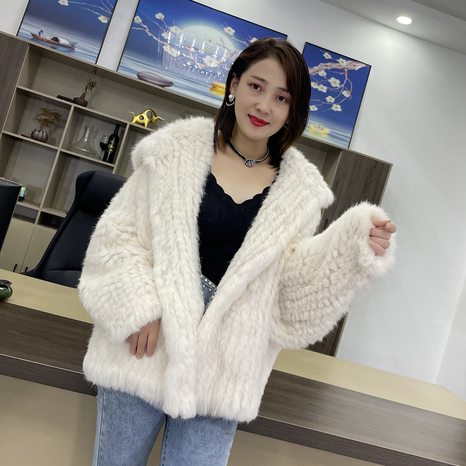 MPPM-Casaco com capuz de pele de coelho natural feminino, pele de coelho real, jaqueta manga comprida casual solta
