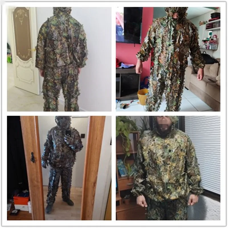 กางเกงเสื้อแขนยาวมีฮู้ดแจ็คเก็ตกลางแจ้งผู้ชายผู้หญิงชุดสูท Ghillie ลายพรางป่า CS ชุดฝึกใบไม้