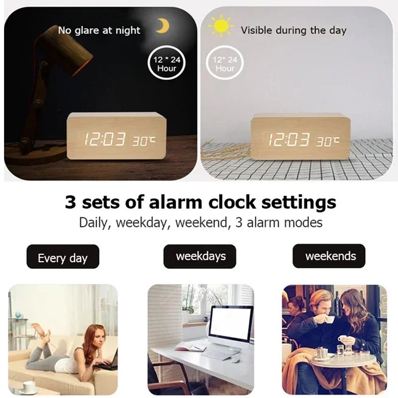 Digital Alarm Clock Wooden LED Table Clock with Temperature for Bedroom Office Travel Desk Decorations