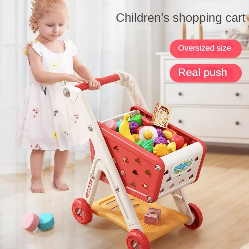 Carrito de compras de juguete para bebé, carrito pequeño para niños, casa de juegos, corte de fruta, música, cocina, supermercado, hombres y niñas