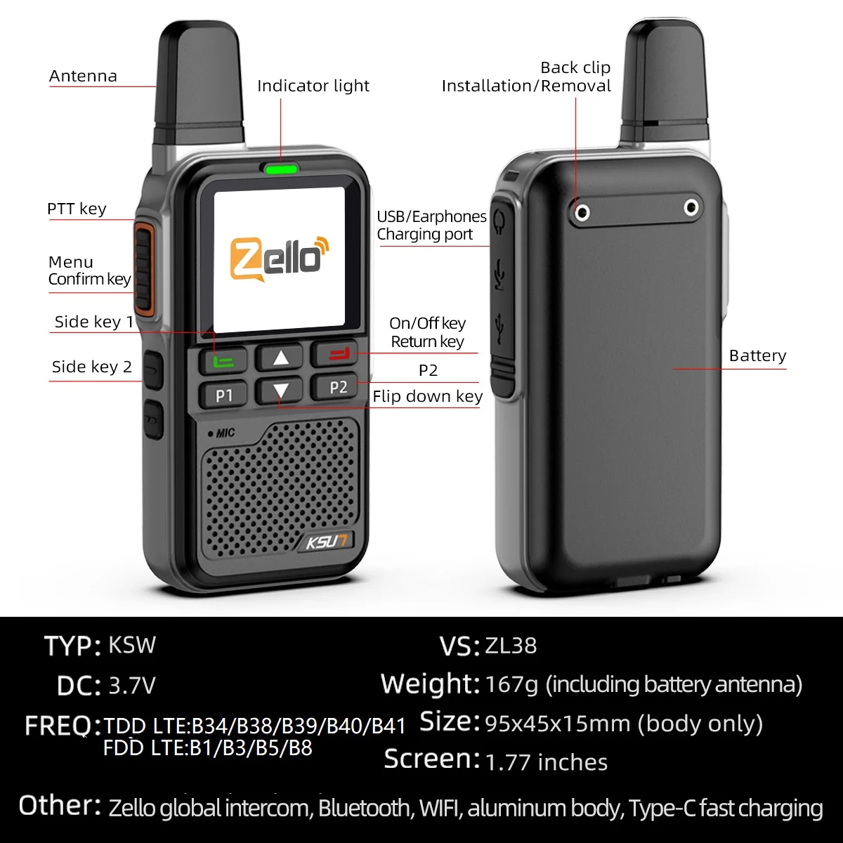 Ksut zl38 lte walkie talkies lange reichweite 100 meilen zello netzwerk radio ptt taste wifi poc android system