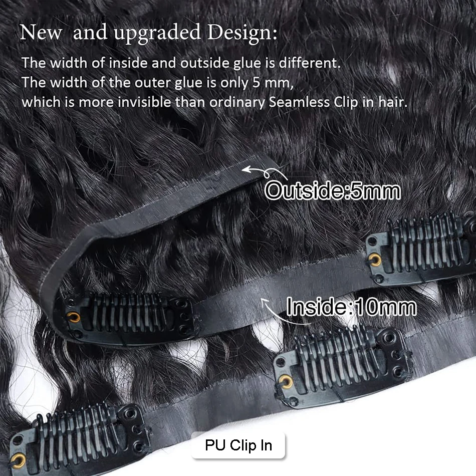 ไม่มีรอยต่อ PU คลิปในส่วนขยายของผมมนุษย์ Water Wave พม่าคลิป Ins Extensions Curly 120g/140g/240g ขายส่งสําหรับผู้หญิง