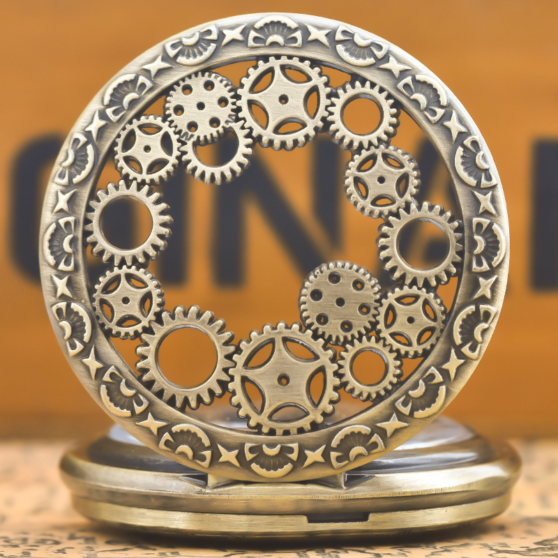 Preto oco engrenagem esculpida relógio de bolso de quartzo colar pingente relógio corrente masculino feminino presente memorial