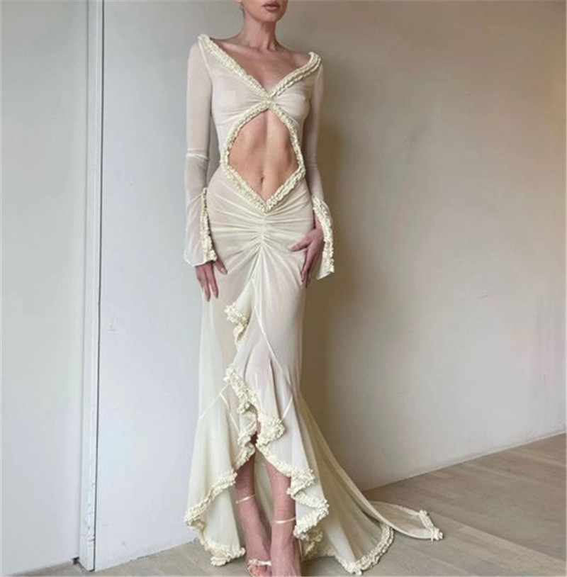 Gaono เซ็กซี่ผู้หญิง Babydoll ชุดชั้นในแขนยาว V คอตาข่ายชุดนอนชุดยาว Frill Trim SHEER Nighty ชุด