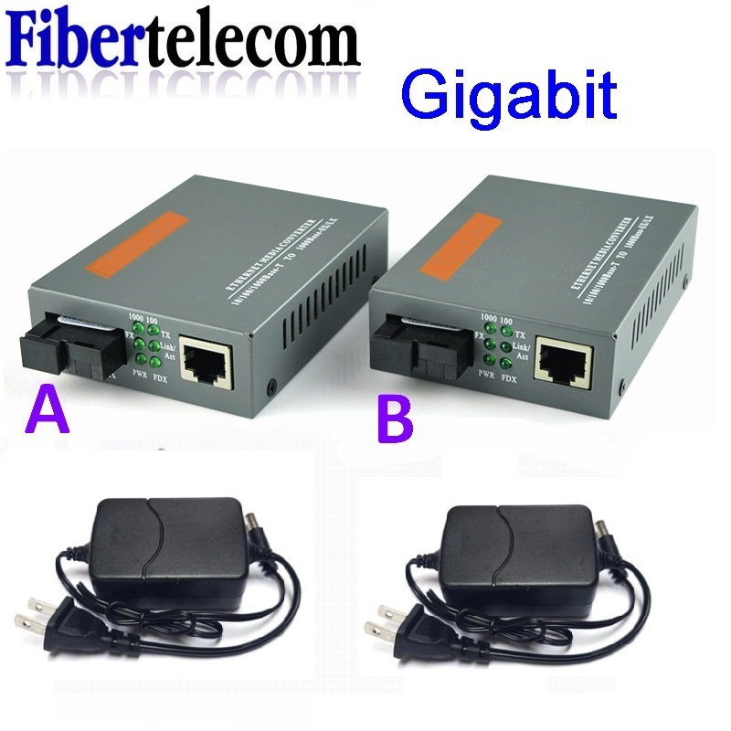 HTB-GS-03 Gigabit Fiber Optical Media Converter 10/100/1000Mbps Single Mode to RJ45 3KM/20KM UPC/APC SC-Port US Power Supply