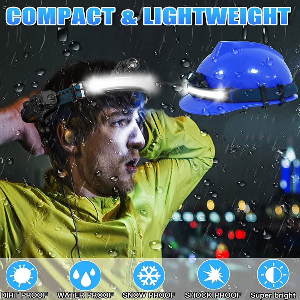 Linterna frontal de inducción XPG + COB LED, linterna para cabeza con batería integrada, linterna frontal multifunción recargable por USB de 6 modos