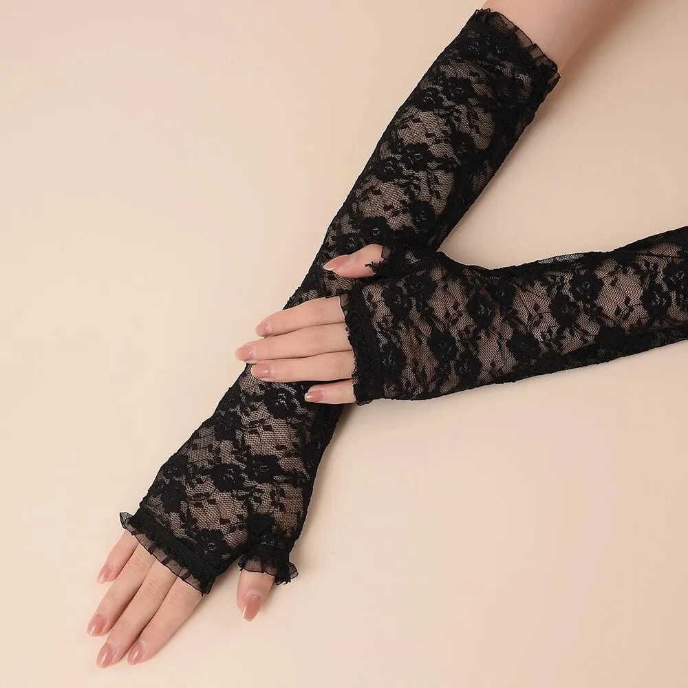 Verão feminino mangas longas rendas protetor solar motorista meio dedo resistente a uv rendas sexy luvas de noite
