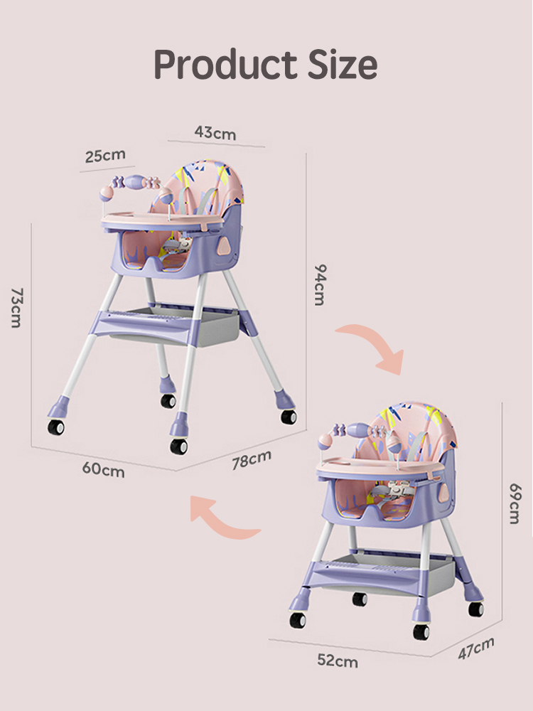 PANGDUBE Baby Seat with 4 Wheels, Bib, Bowl&spoon, Reclining Baby Eating Chair Baby High Chair for Dinner Baby Feeding Chair