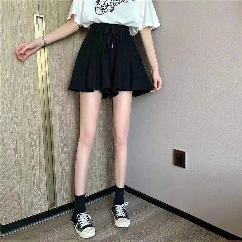MEXZT 5Xl faldas cortas de verano para mujer, pantalones cortos de pierna ancha informales elásticos de cintura alta, minifalda holgada de línea A coreana, pantalones cortos negros