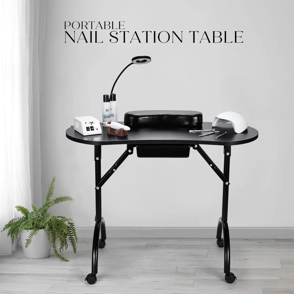Portable Nail Table Manicure Desk Foldable Nails Tech Station Professional Nail Desk with Drawer & Wrist Rest Wheeled Manicurist