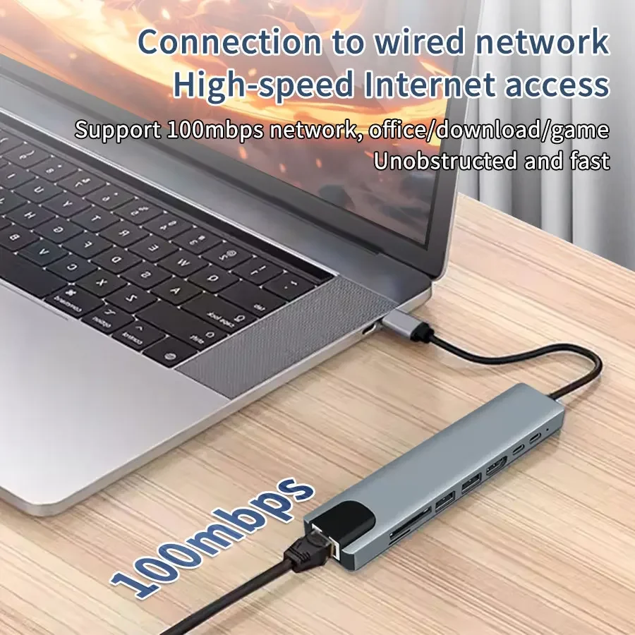 USB C HUB 8 in 1 Type C Adapter with 4K HDMI 87W PD C Port Docking Station RJ45 Compatible with MacBook Pro Air USB C Laptops
