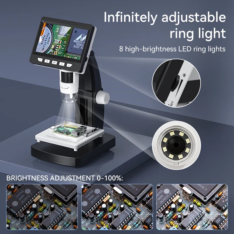 Microscopio digitale LCD 1000X 4.3 "Microscopio moneta 1080P 8 luci LED Lente d'ingrandimento USB Saldatura Riparazione Video microscopio per moneta