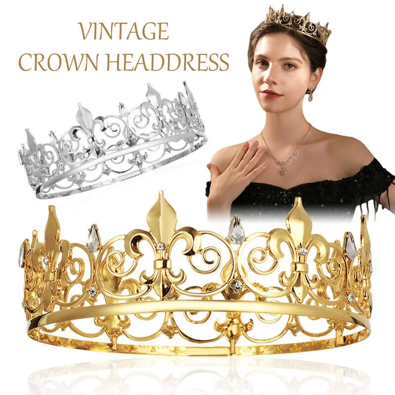 Klassische König Haarschmuck Krone Barock Vollkreis Gold Strass Legierung Krone Männer und Frauen Party Kopf bedeckung Hochzeit