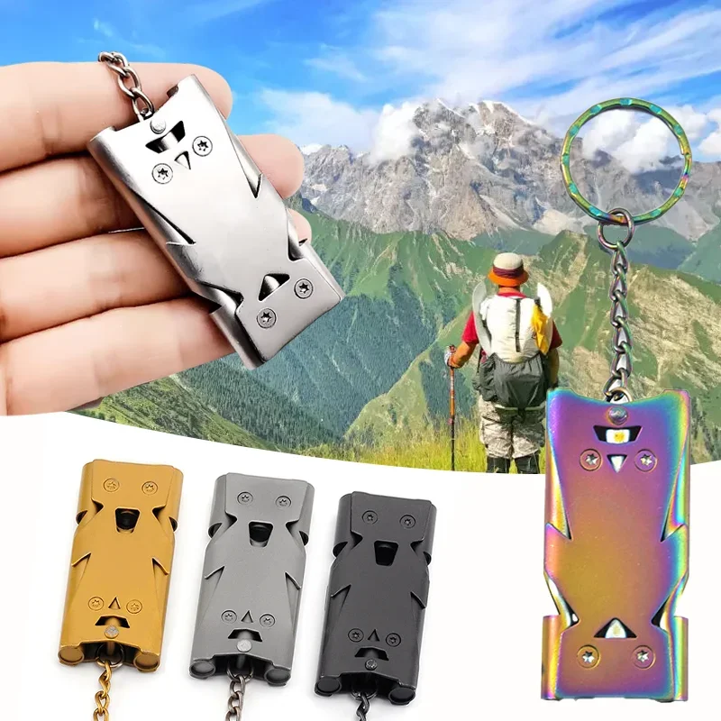Outdoor Survival Pfeife Schlüsselbund Hohe Dezibel Notfall Edelstahl Doppel Rohr Camping Wandern Pfeife Multifunktions Werkzeuge