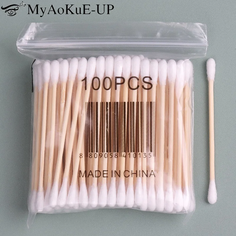 Tamponi di cotone da 100/500 pezzi Tampone di cotone a doppia punta Punte di precisione con bastoncini di bambù per strumenti di trucco personale per nail art