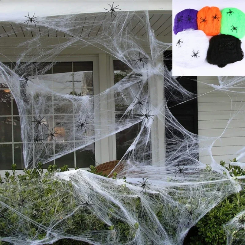 Telaraña elástica con araña para Halloween, accesorios decorativos de imitación, casa encantada de terror, arreglo de escena de patio, 1 unidad, 2024