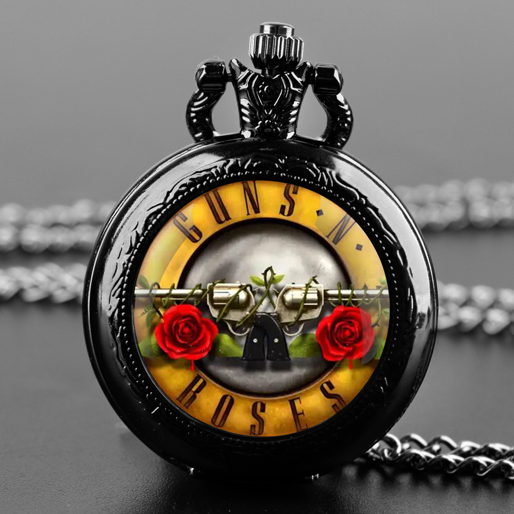 Guns N Roses Bullet Logo Kwarcowe zegarki kieszonkowe Prezenty dla kobiet Mężczyźni Zegarek Unikalny wisiorek Zegar Naszyjnik Biżuteria Prezenty urodzinowe