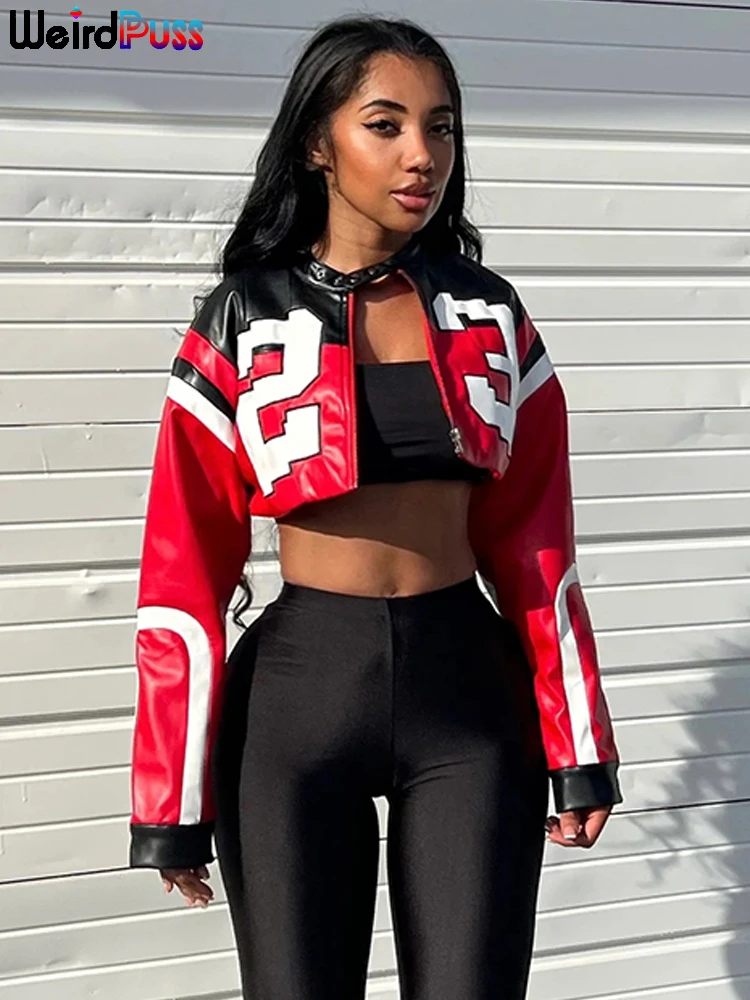 Estranho gato falso couro varsity jaqueta feminina hipster carta impressão outono casual desportivo selvagem streetwear uniforme tendência casaco de colheita