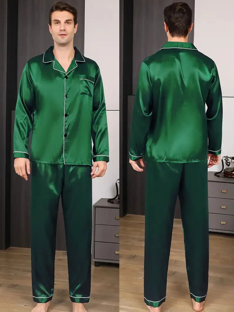 Piżama męska Jedwabna satyna Koszula nocna Długi rękaw Pijama Moda męska Miękki garnitur domowy Duży rozmiar Wiosenna bielizna nocna do spania