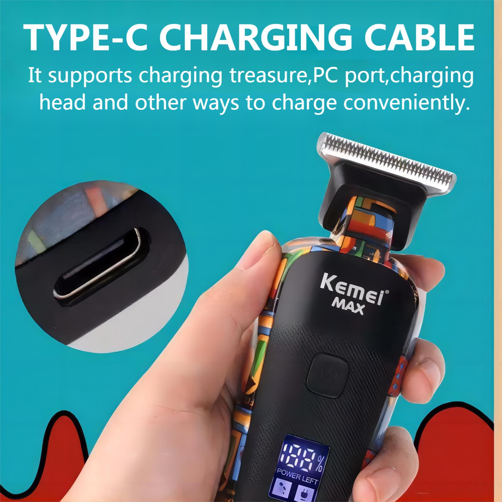 Kemei-5090 aparadores de cabelo com display digital, empurrador de barbeiro profissional para homens, máquina de cortar cabelo elétrica com padrão de graffiti aleatório