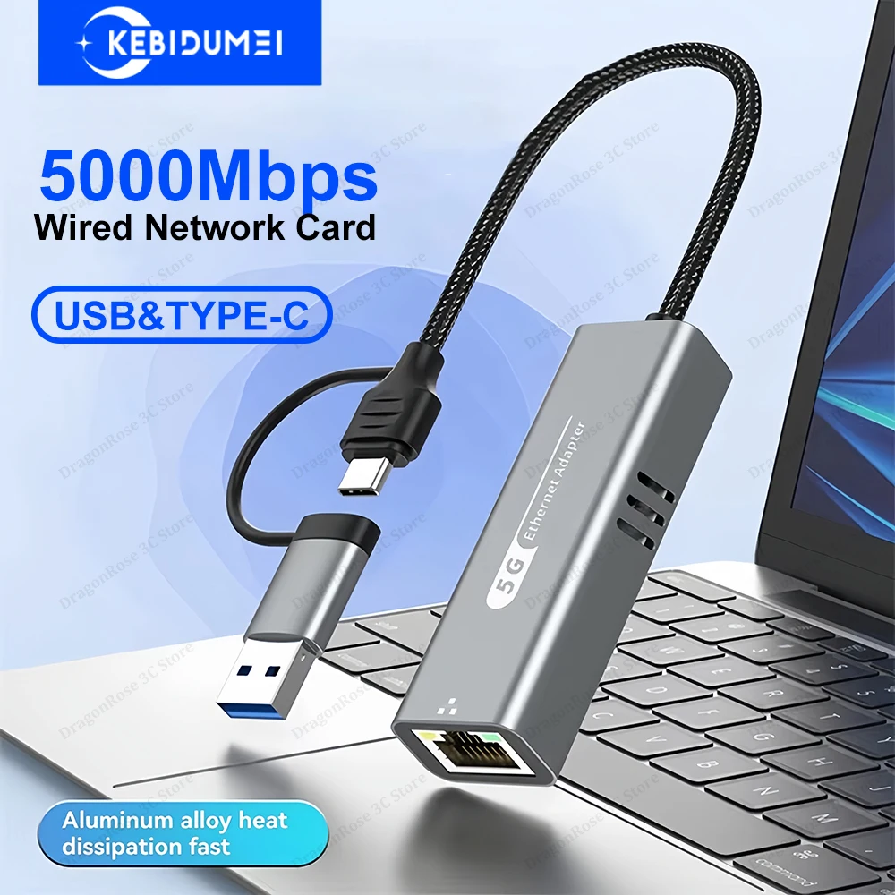 Адаптер проводной сетевой карты 5000 Мбит/с Адаптер USB/Type-C к RJ45 5G USB 3.0 Конвертер проводной сетевой карты HUB для ноутбука Win 7/8/10