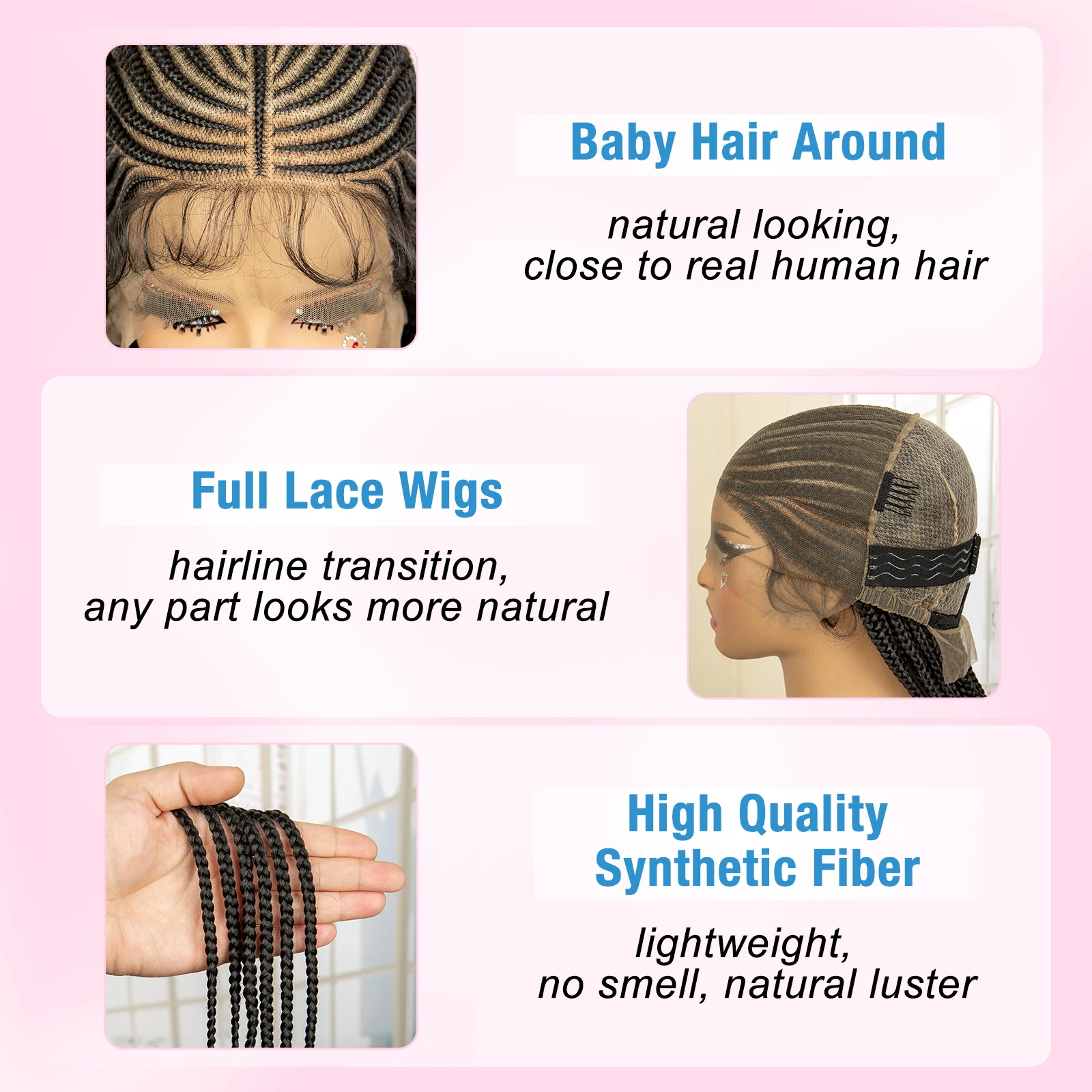 Peruca trançada de renda completa perucas de trança sintética peruca frontal de renda com caixa de cabelo de bebê peruca trançada para mulheres negras perucas de trança sem nós