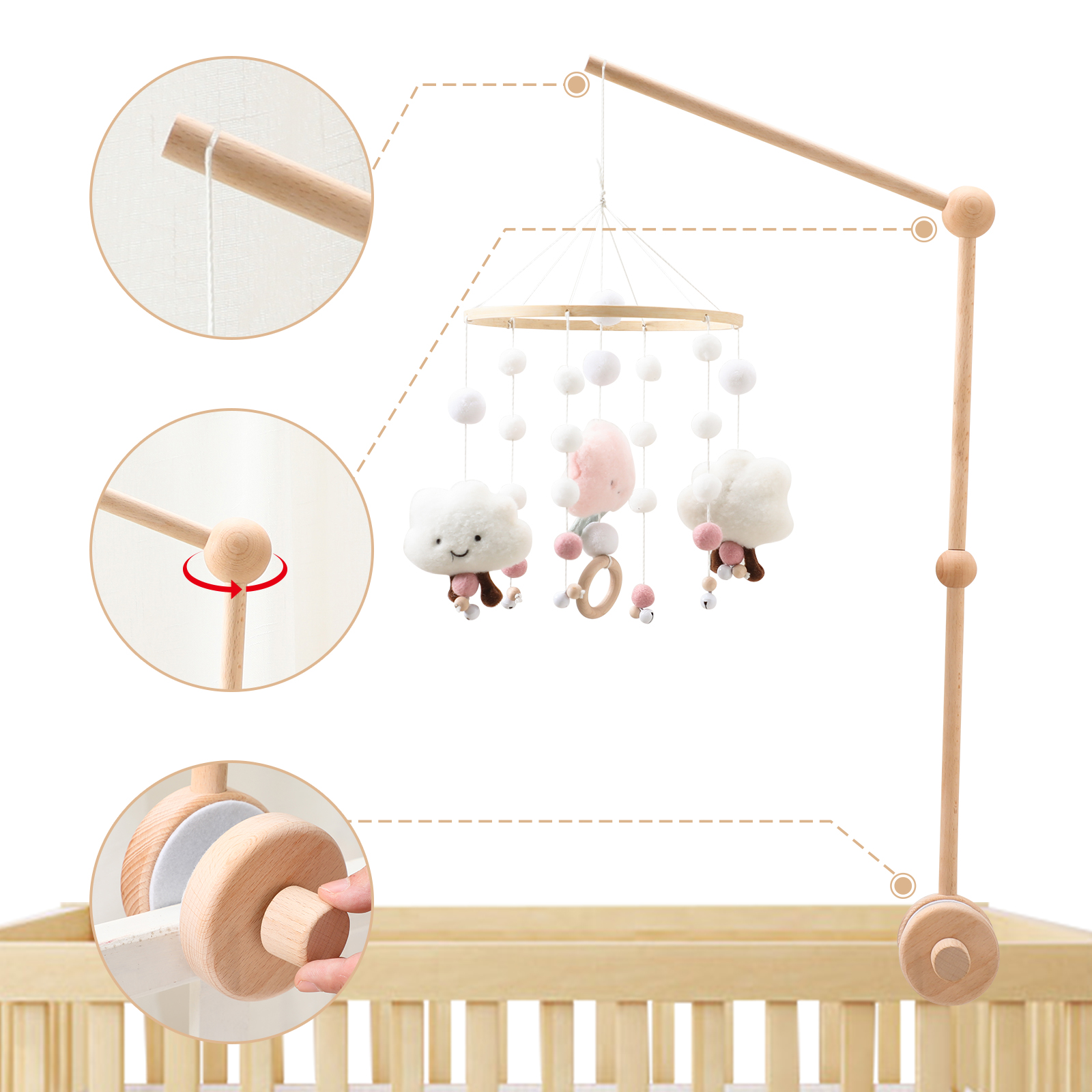 Soporte de madera para bebé, campana para cama de 0 a 6 meses, accesorios de soporte de juguete, soporte colgante, móvil suave en la cama, decoración para habitación de bebé, cuna