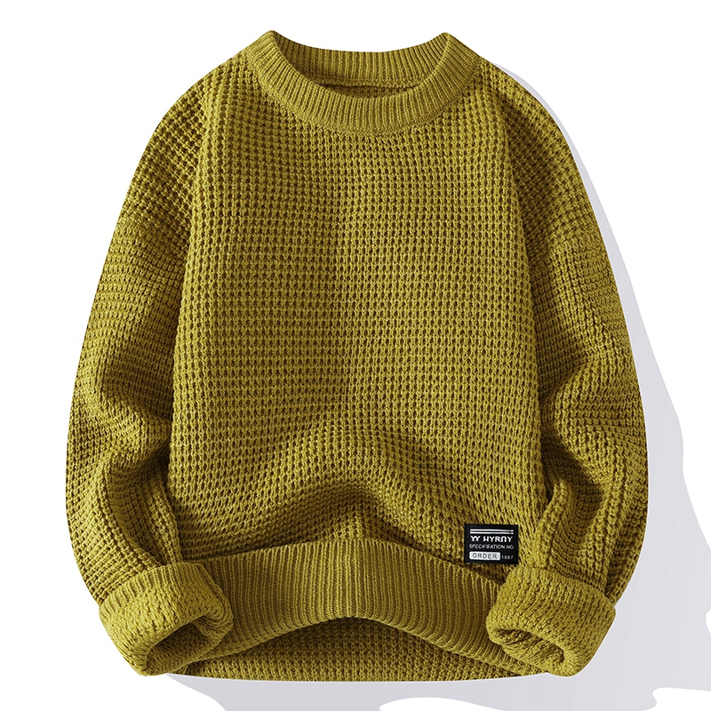 Suéter informal de cuello redondo para hombre, Jersey ajustado de punto cálido con textura de Color sólido, moda nueva de invierno