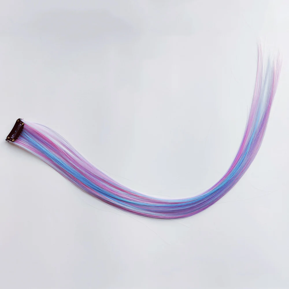 Grampo em uma peça de extensão de cabelo 6 unidades/pacote cor unicórnio arco-íris rosa azul roxo cor misturada clipe em acessórios de cabelo sintético