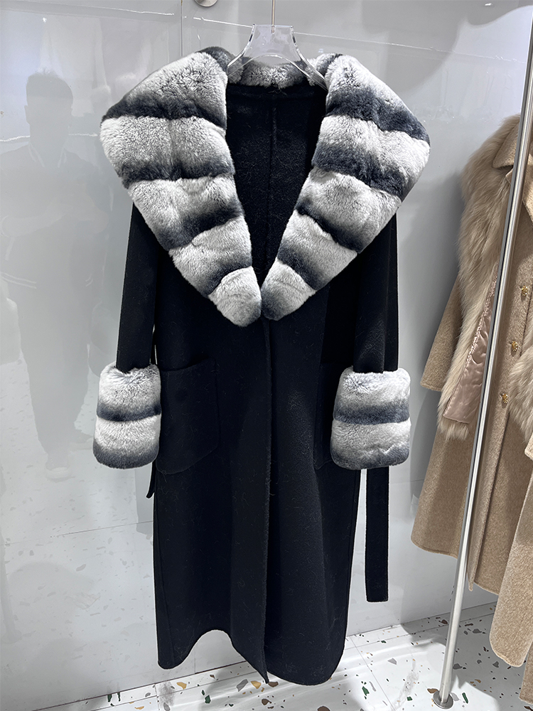 Winter Real Fur Jacket Women Long Cashmere Wool Woolen Coat Ladies Natural Rex Rabbit Fur Collar  Luxury Thick Female Outerwear