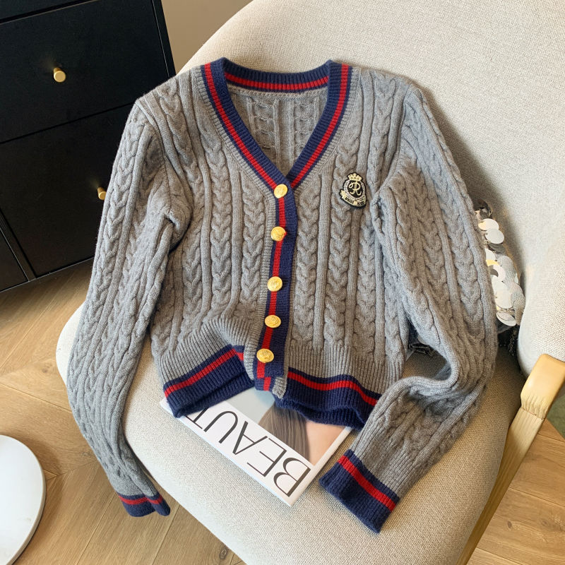 Cárdigan de manga larga tejido con cuello en V para mujer, suéter holgado informal con apliques de un solo pecho, estilo Preppy, Otoño e Invierno 2024