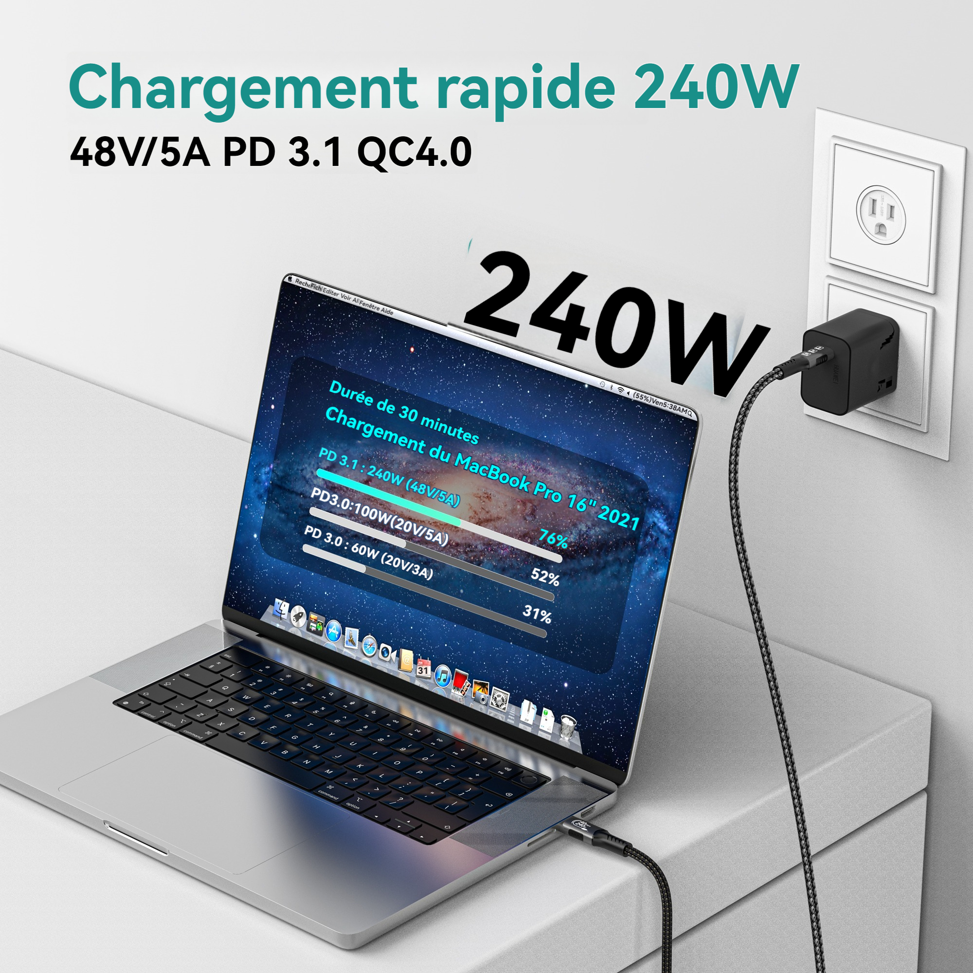 Câble USB4 40Gbps 48V 240W pour Thunderbolt 4 Type C câble de charge rapide Thunderbolt3 USB C à C câble de transfert de données pour ordinateur portable