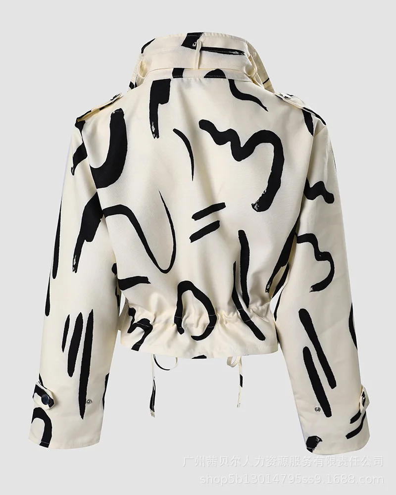 2023 Herbst Frauen geometrische Jacken Tops Vintage Print Langarm Knopf Jacke Mantel Damen Freizeit Oberbekleidung kurze Tops