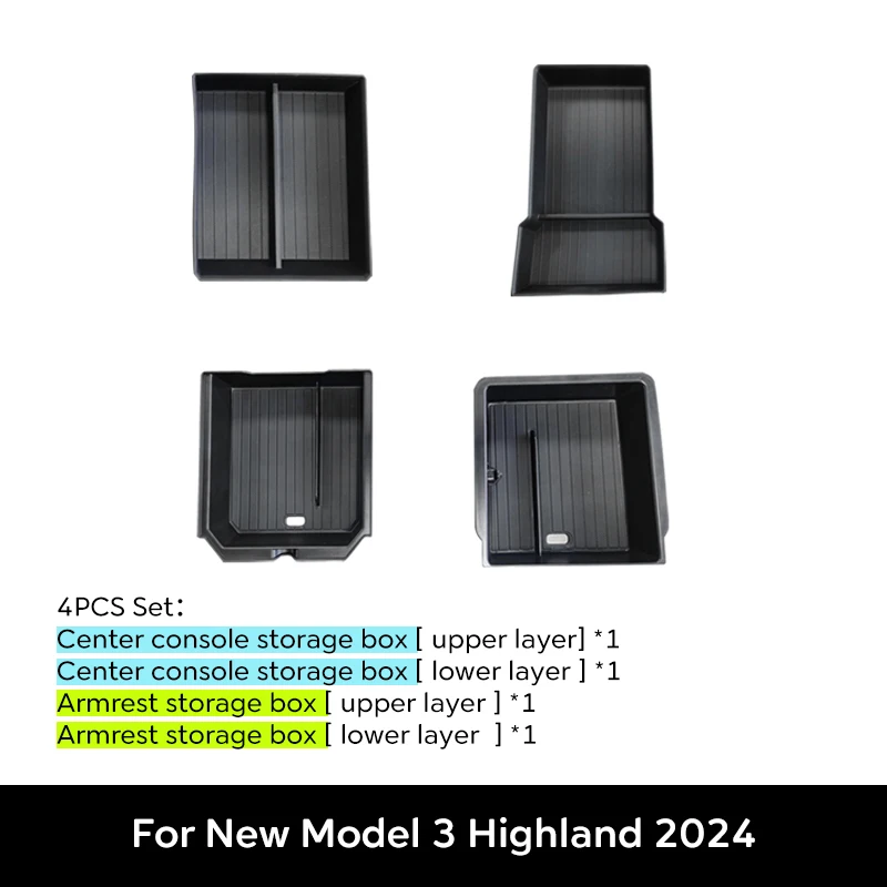For Tesla Model 3+ Highland 2024 Center Console Eyeglasses Storage Case Armrest Storage Box Upper&Lower Flocking Accessories New