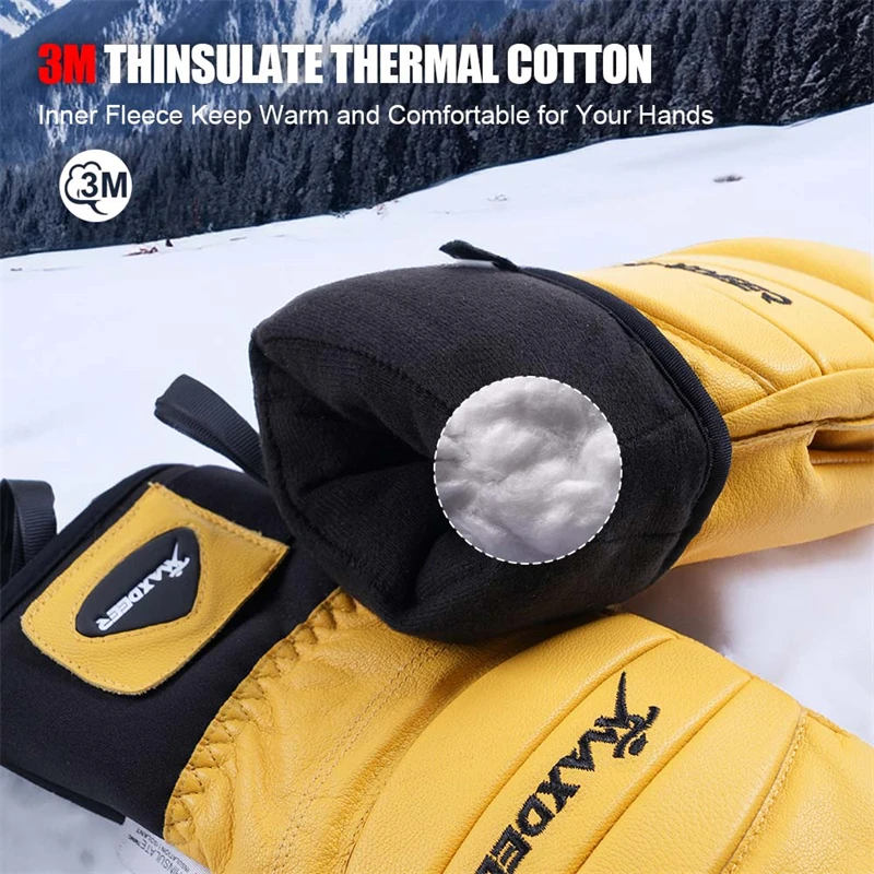 MAXDEER Skihandschuhe Leder Snowboard Fäustlinge Herren Damen Skifahren Schneemobil Schneesport Winter Thermohandschuhe Wasserdicht Winddicht