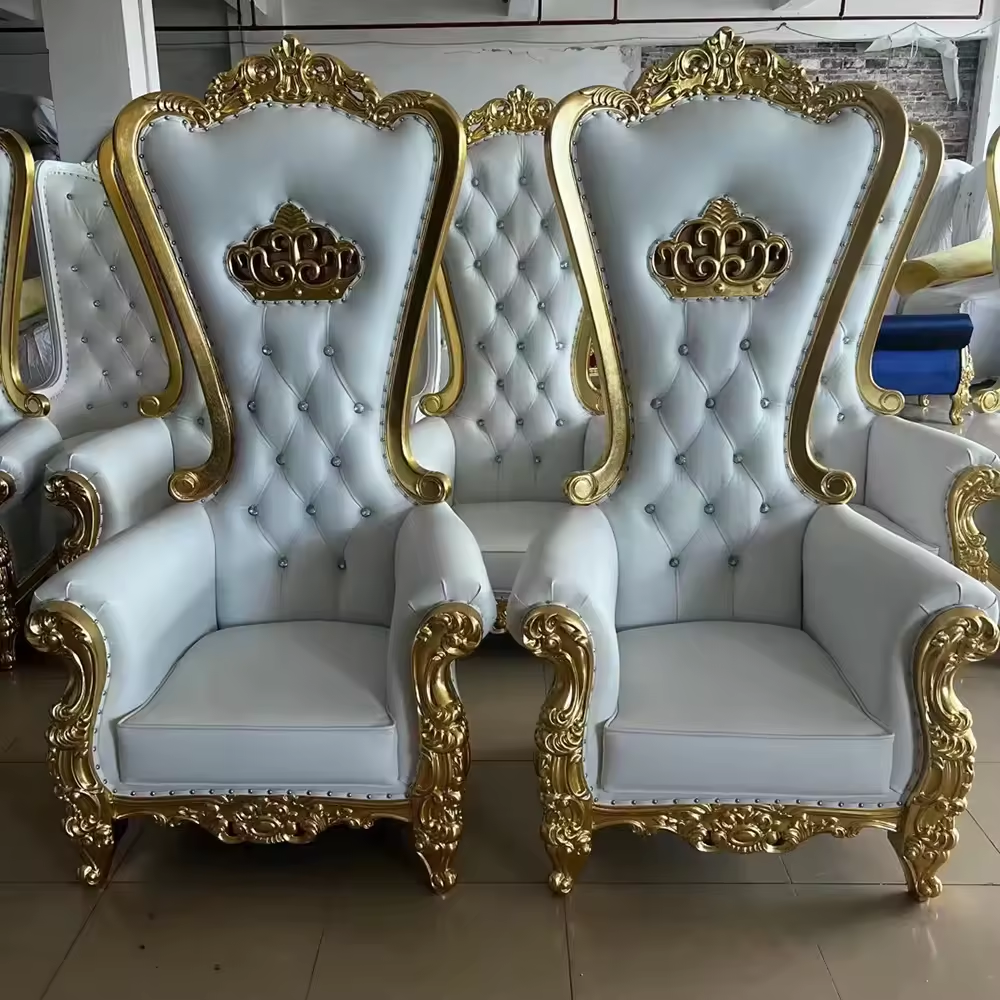 Cadeiras trono king e queen com encosto alto, ouro, luxo, evento de casamento real, hotel, sofá, cadeira trono para aluguel