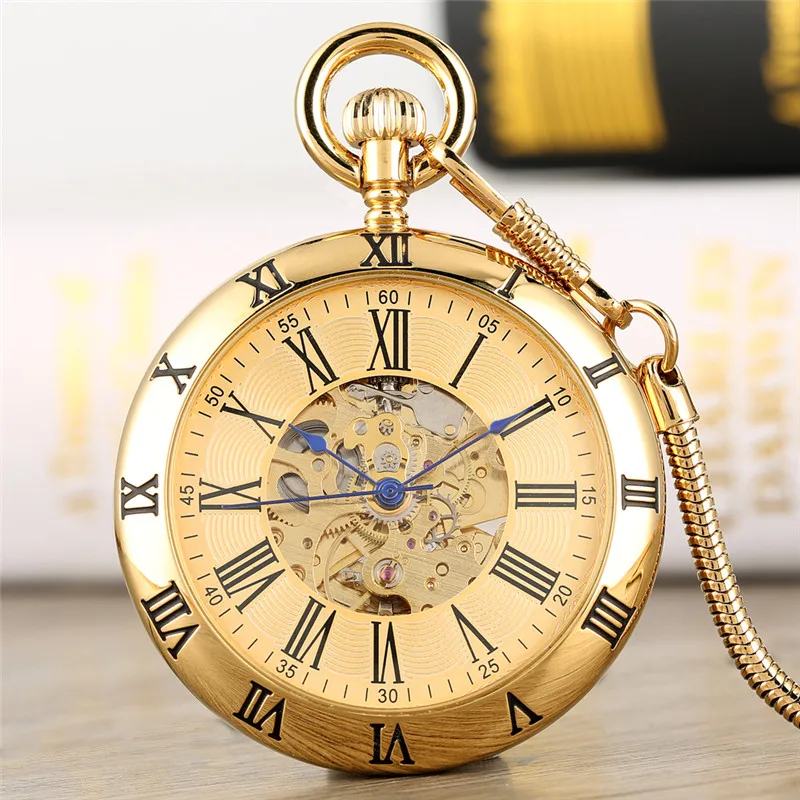 Gold/Silber Römische Ziffern Open Face Männer Frauen Mechanische Automatische Taschenuhr Anhänger Kette Uhr Skeleton Uhren Geschenk