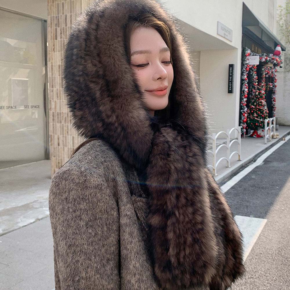 Integrated Hat Scarf Thermal Premium Double Sided Plush Ear Protector Hat Fox Fur Snow Cap Scarf Hat