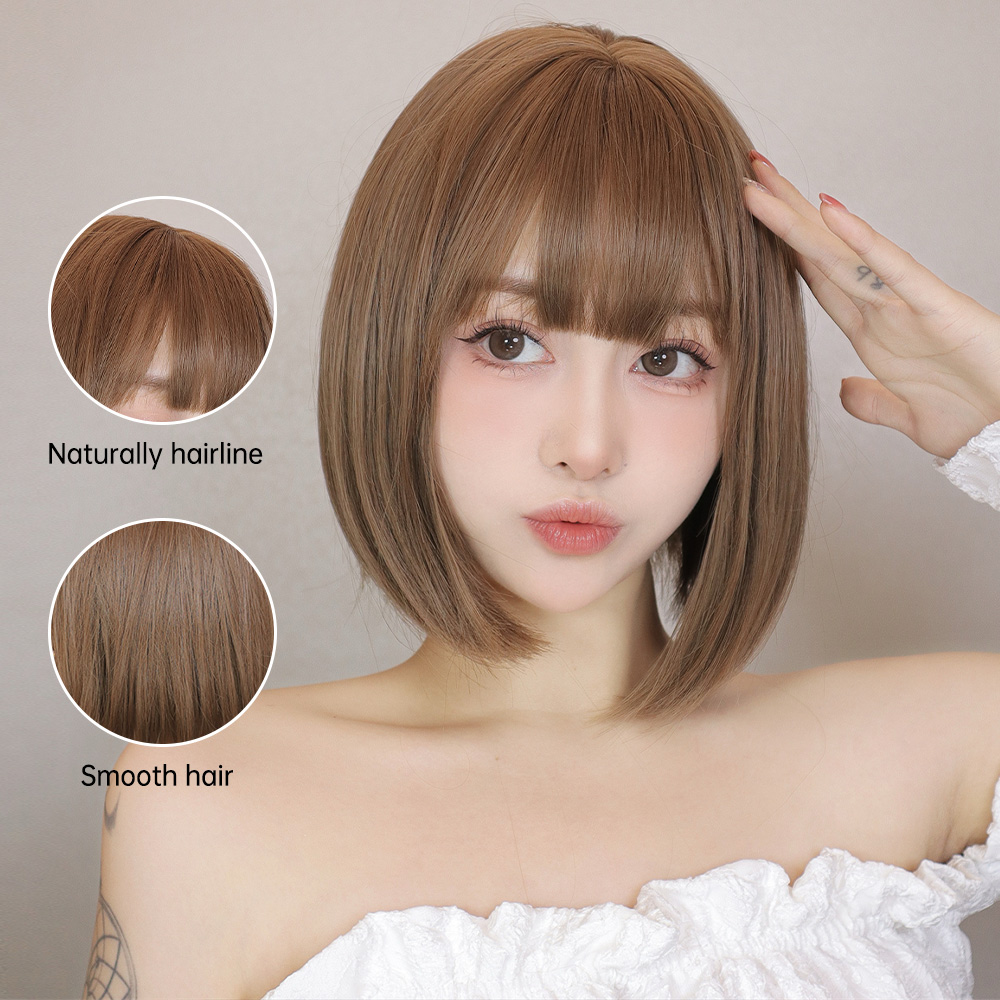 Perucas sintéticas marrom claro em linha reta curto bob corte com franja peruca para mulheres brancas coreano festa diária cosplay cabelo resistente ao calor